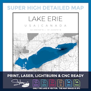 Lake Erie SUPER HIGH DETAIL Topographische Karte | Druckfertige Wanddekoration | 5 Schichten | svg pdf ai eps png jpg g-code