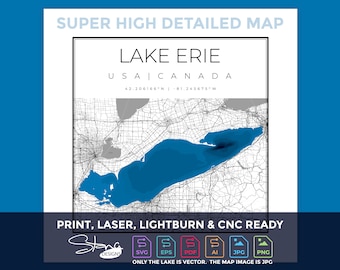 Lake Erie SUPER HIGH DETAIL Topographical Map | Print Ready Wall Decor | 5 Layers | svg pdf ai eps png jpg g-code