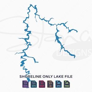 May include: A blue shoreline outline of a lake against a white background. The text "SHORELINE ONLY LAKE FILE" is below the lake outline, with file type icons for SVG, EPS, PDF, AI, JPG, and PNG.