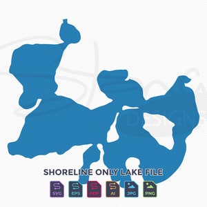 May include: A blue lake shoreline graphic with diagonal lines, set against a white background. The text "SHORELINE ONLY LAKE FILE" is below the graphic, accompanied by file type icons: SVG, EPS, PDF, AI, JPG, and PNG.