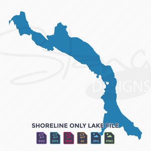 Könnte beinhalten: Blaues Grafik-Datei eines Seeufers mit diagonalen Linien. Der Text "SHORELINE ONLY LAKE FILE" befindet sich darunter. Darunter befinden sich Symbole für die Dateiformate SVG, EPS, PDF, AI, JPG und PNG.