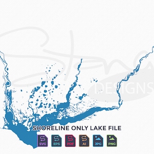 May include: A digital file of a lake shoreline, with a blue outline and white interior. The file is available in SVG, EPS, PDF, AI, JPG, and PNG formats. The text "Shoreline Only Lake File" is at the bottom of the image.