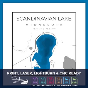 Scandinavian Lake MN Mapa topográfico / Print Ready Wall Decor / Multiple Layers / svg pdf ai eps png jpg