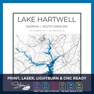 Lake Hartwell GA SC Topografische kaart | Print Ready Wanddecoratie | Meerdere lagen | svg pdf ai eps png jpg
