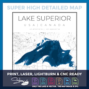 Lake Superior SUPER HIGH DETAIL Topografische Kaart | Print Ready Wanddecoratie | 5 lagen | svg pdf ai eps png jpg g-code