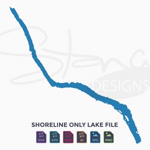 May include: Shoreline outline of a lake in blue, with the text "SHORELINE ONLY LAKE FILE" below.  The file is available in SVG, EPS, PDF, AI, JPG, and PNG formats.