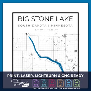 Topografische kaart Big Stone Lake, MN SD | Klaar voor afdrukken muurdecoratie | Meerdere lagen | svg pdf ai eps png jpg g-code