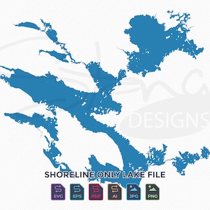 May include: A blue outline of a lake's shoreline. The image includes the text "Shoreline Only Lake File" and icons for SVG, EPS, PDF, AI, JPG, and PNG file formats.