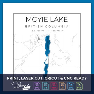 Topografische kaart Moyie Lake BC | Klaar voor afdrukken muurdecoratie | Meerdere lagen | svg pdf ai eps png jpg g-code | Cricut laser-cnc