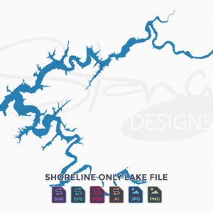 以下が含まれることがあります： 白い背景に青い海岸線マップのデザイン。「SHORELINE ONLY LAKE FILE」のテキストが地図の下にあり、SVG、EPS、PDF、AI、JPG、PNGのファイルタイプアイコンがあります。デザインは斜めのストライプ模様です。