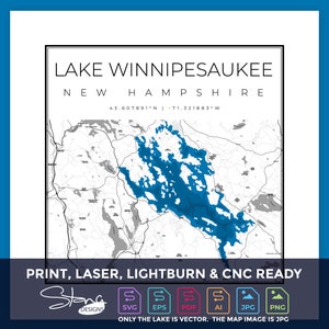 Lake Winnipesaukee NH Topographical Kaart | Print Ready Wanddecoratie | Meerdere lagen | svg pdf ai eps png jpg g-code