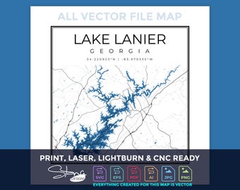 Lake Lanier GA Topographical Map | Print Ready Wall Decor | Multiple Layers | svg pdf ai eps png jpg g-code