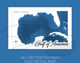 Gulf of America High Detail Topographical 24x16 Map | Multi-Layered Vector Files (Digital Download)