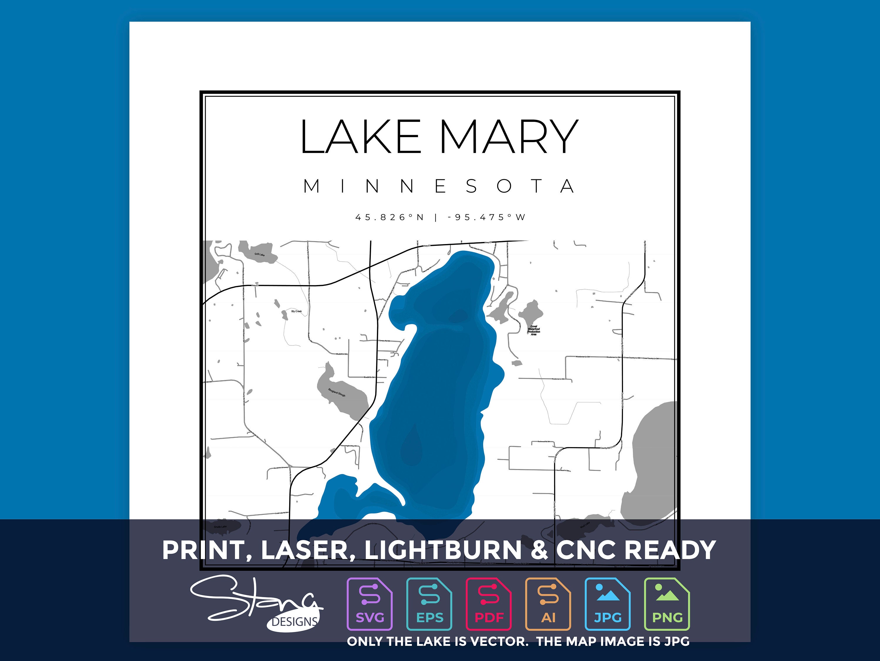 Lake Mary MN Topographical Map | Print Ready Wall Decor | Multiple Layers | svg pdf ai eps png jpg
