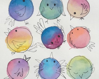 Doodle Birds | Watercolor Art Print