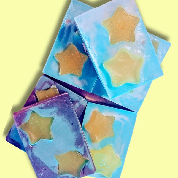 Goat's Milk Starry Night Soap Bar in Lavender Vanilla. Galaxy Soap. Galactic, Summer Night. Blue & White Swirled Soap with Yellow Embeds