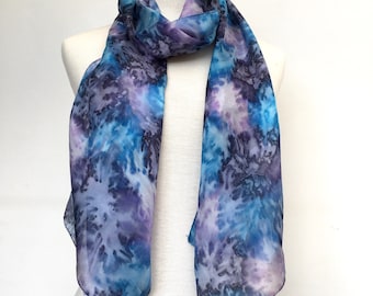 Silk Scarf in dark stormy blue. Light weight, pure silk in a generous 180cm (72") long scarf in dark blue, pale blue and purply grey tones.