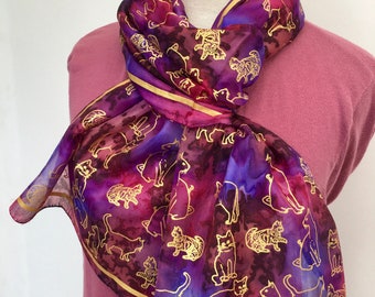 Rich purple pink silk scarf with gold cats