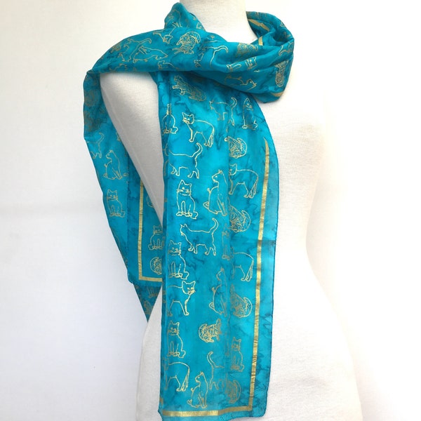 Foulard bleu turquoise en pure soie imprimé chat