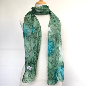 Pure silk scarf in sage green with turquoise. Light weight hand painted silk in a generous 72" (180cm) long.