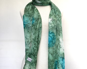 Pure silk scarf in sage green with turquoise. Light weight hand painted silk in a generous 72" (180cm) long.