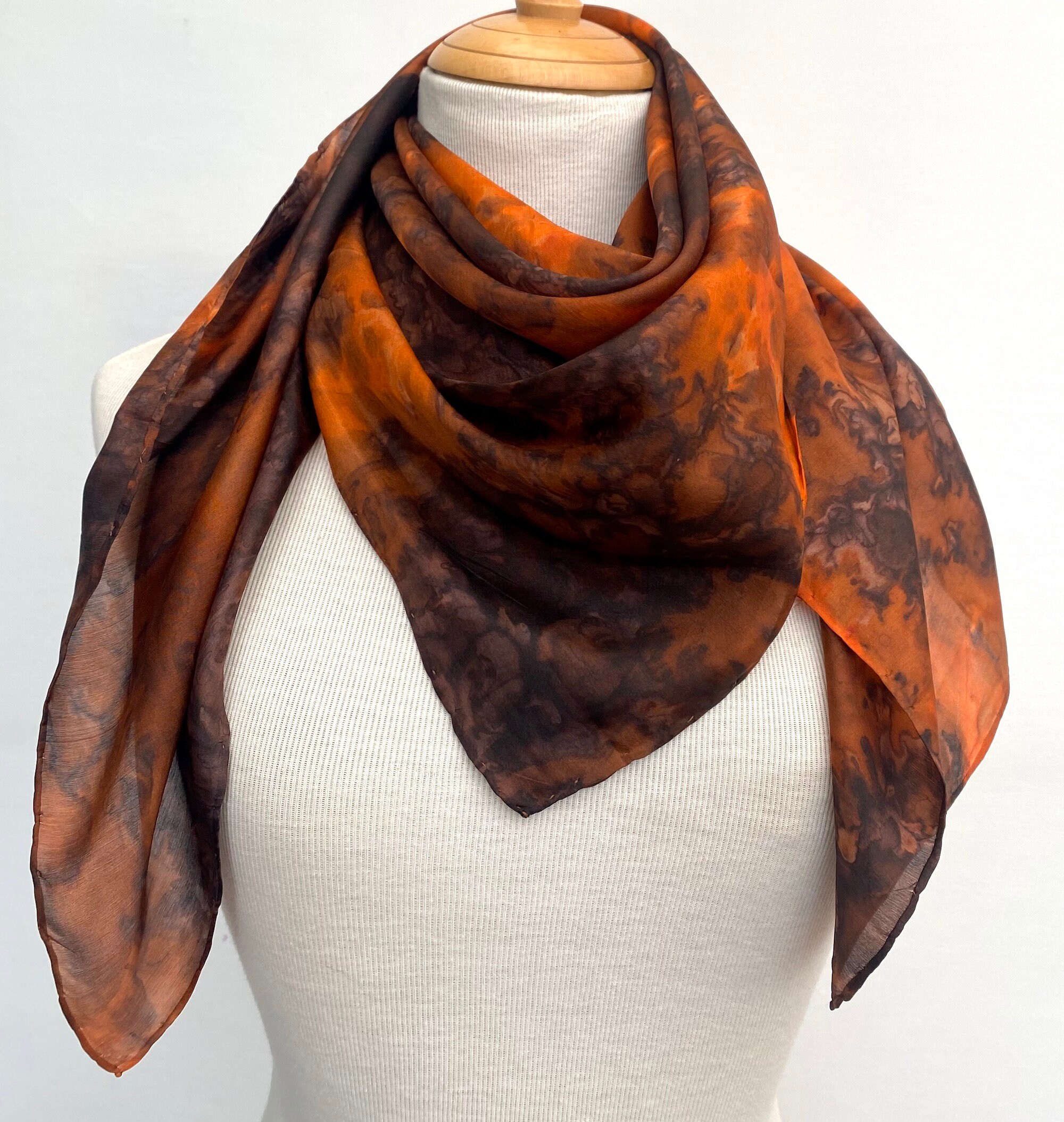Hand-painted Square Silk Scarf in Mid Blue and in Burnt Hand-painted Square Silk Scarf in Mid Blue and in Burnt