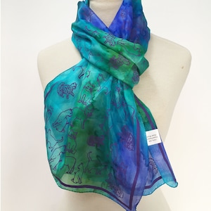 Turqoise Silk Scarf with cat print