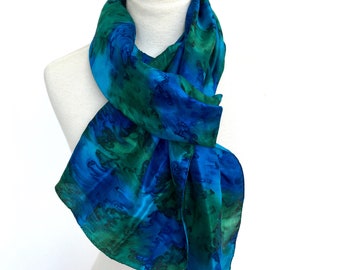 Vivid blue and green hand-woven long silk scarf. Hand-painted and finished using water-effect technique