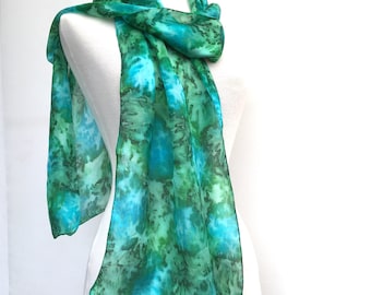 Emerald green hand painted pure silk scarf in water-effect