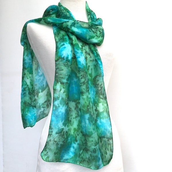 Emerald green hand painted pure silk scarf in water-effect