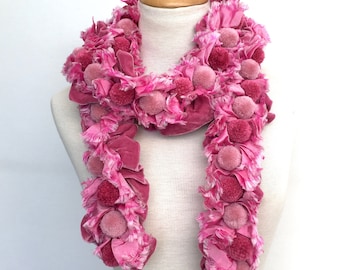Pink pompom scarf with velvet and silk ruffle