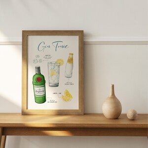 Geïllustreerd recept / print / cocktailillustraties / Gin Tonic / drankje / cocktail / aquarel / ansichtkaarten