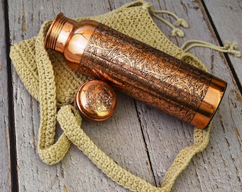 India House-Handcrafted Full Engraved 100% Pure Copper Bottle With Macramé Bag/Water Bottle/Gift/1000ml