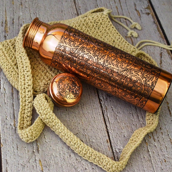 India House-Handcrafted Full Engraved 100% Pure Copper Bottle With Macramé Bag/Water Bottle/Gift/1000ml