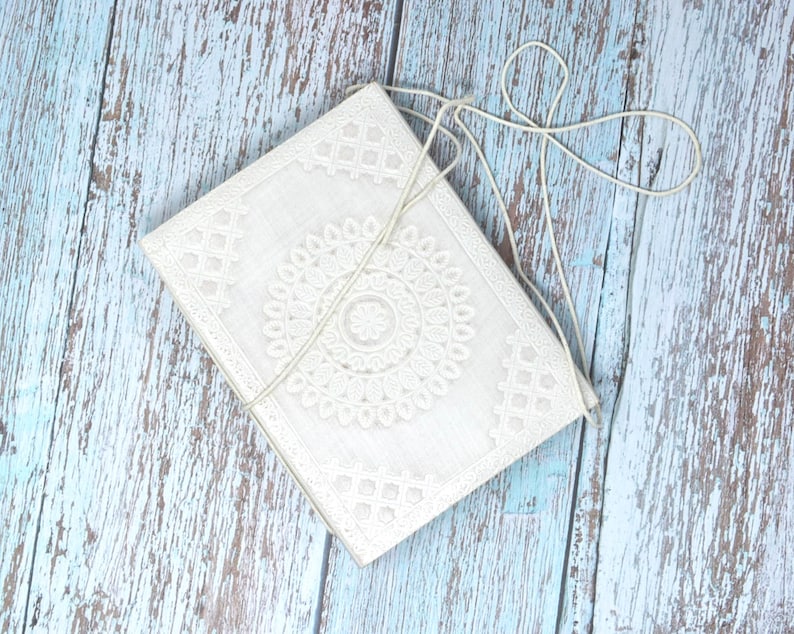 India House-Leather Journal Hand Made Embossed White Record Diary/Notebook With A Thread Closure/Beautiful Gift 7x5 inch image 2