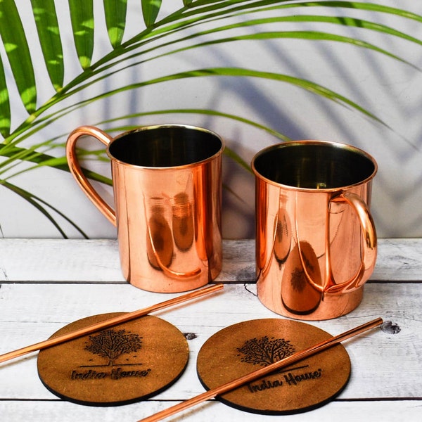 India House - Trinkendes Kupferglas / Kupferbecher / Moscow Mule – Geschenke für ihn – / Kupferbecher Set von 2 und 4 (Untersetzer und Stroh frei)