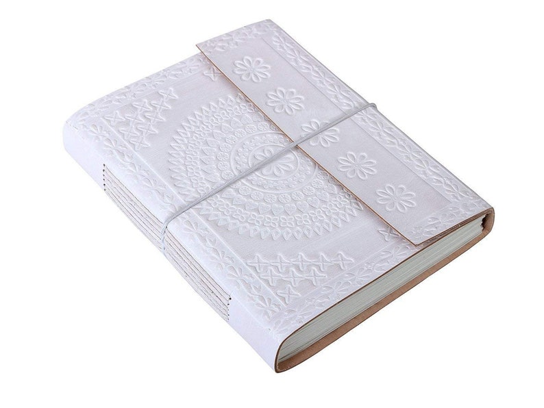 India House-Leather Journal Hand Made Embossed White Record Diary/Notebook With A Thread Closure/Beautiful Gift 7x5 inch image 6