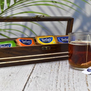 Teebox aus Holz, Aufbewahrungsbox mit 4 Steckplätzen, Fächern, Kräuteraufbewahrung, Jubiläumsgeschenk - 11x4x3-Zoll (bietet Platz für ca. 40 Teebeutel)