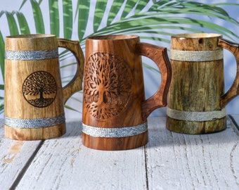 Wooden Beer Mugs with Tray, Handmade Groomsmen Beer Mug, Viking Tankard,Viking Cup, Man Birthday Gift,Anniversary Gift for Him,Wood Beer Mug