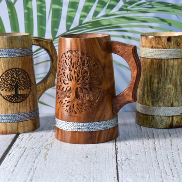 Wooden Beer Mugs with Tray, Handmade Groomsmen Beer Mug, Viking Tankard,Viking Cup, Man Birthday Gift,Anniversary Gift for Him,Wood Beer Mug