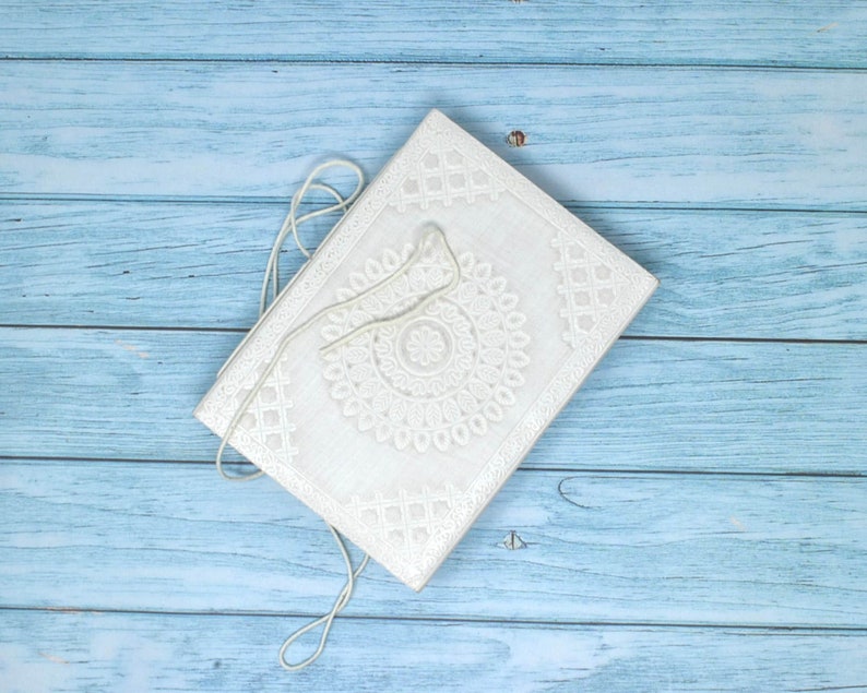 India House-Leather Journal Hand Made Embossed White Record Diary/Notebook With A Thread Closure/Beautiful Gift 7x5 inch image 4