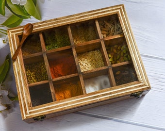 Indian Wooden Spice Box  Housewarming Gift, Mother’s Day Gift  12 container- 12X9 INCH