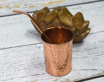 India House-Pure Copper Hammered Traditional Glasses -Set of 4 with copper straw/4 X 2.5 inch