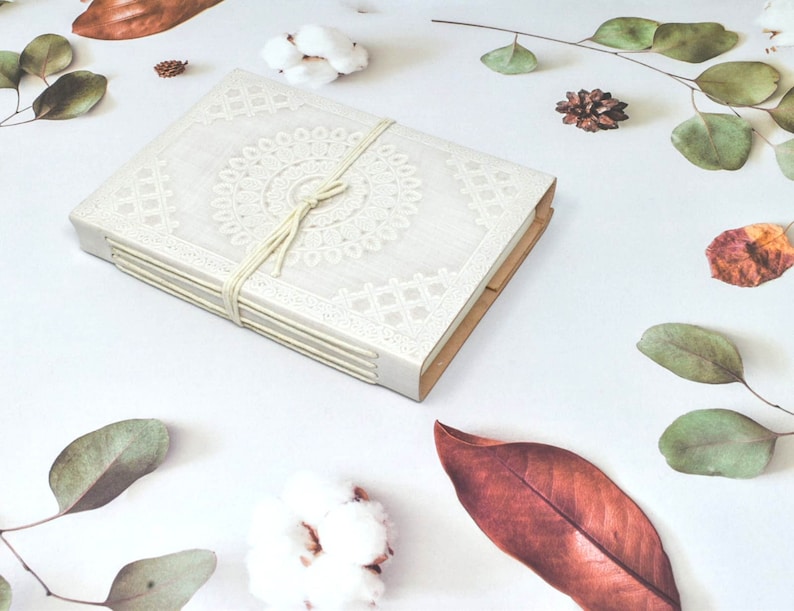 India House-Leather Journal Hand Made Embossed White Record Diary/Notebook With A Thread Closure/Beautiful Gift 7x5 inch image 1