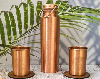 Copper Bottle (Matte)7 Chakra 100% Pure Copper, Heart Chakra glass and carry bag /Water Bottle/1000ml/Meditation/Gym/Yoga from India