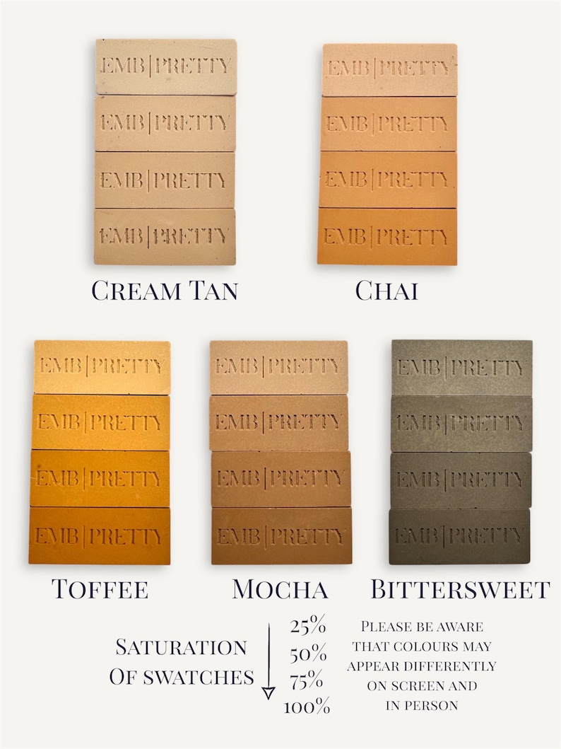 May include: Swatch cards showing different shades of brown, from light cream tan to dark bittersweet. The shades are labeled "Cream Tan", "Chai", "Toffee", "Mocha", and "Bittersweet". The saturation of the swatches is indicated with a scale from 25% to 100%. The text "Please be aware that colours may appear differently on screen and in person" is also included.