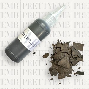 May include: A small bottle of black paint with a white label that says "Bittersweet". The bottle has a dropper top and is next to a pile of black paint chips.
