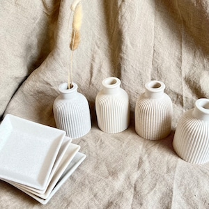 Ribbed vase, neutral bud, stone decor, striped stem, Jesmonite tray, neutral decor, minimalist dish, small natural, dried flowers, gift set