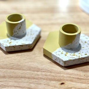 Terrazzo candle holder, Jesmonite candlestick, terrazzo homeware, taper candles, hexagon candle holder, block colour, eco resin, concrete