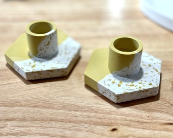Candelabro hexagonal de terrazo Jesmonite hecho a mano: artículos para el hogar de resina ecológica